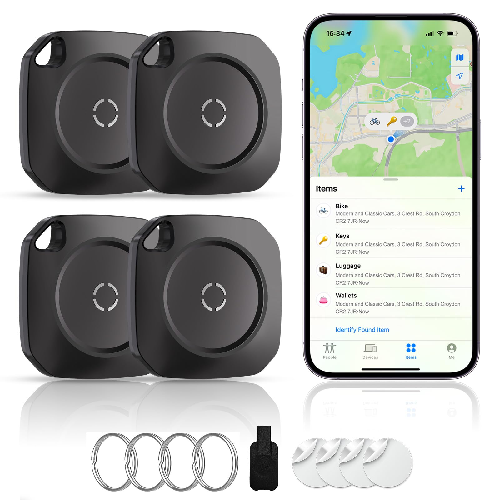 Hauibela weTag  Tracker Tags-4 Pack, Bluetooth Tracker Works with Apple Find My APP (iOS Only), Keys Finder and Item Locator for Luggage, Backpack, Suitcases, Replaceable Battery, IP67 Waterproof