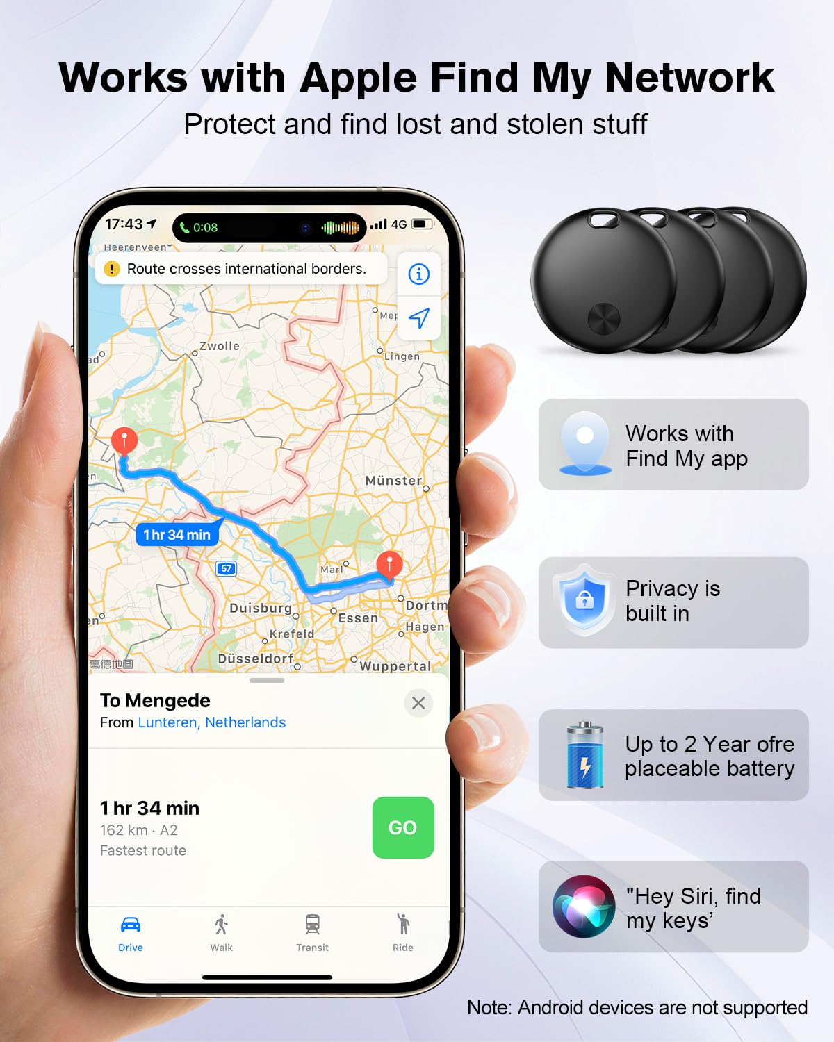 Hauibela  weTag mini  2 Air Tracker Tags-4 Pack: Smart Bluetooth Tracker, Item Finder Works with Apple Find My (iOS Only) App, Trakcer Tag Locator for Keys, Luggage, Satchel. (Not for Android Devices)